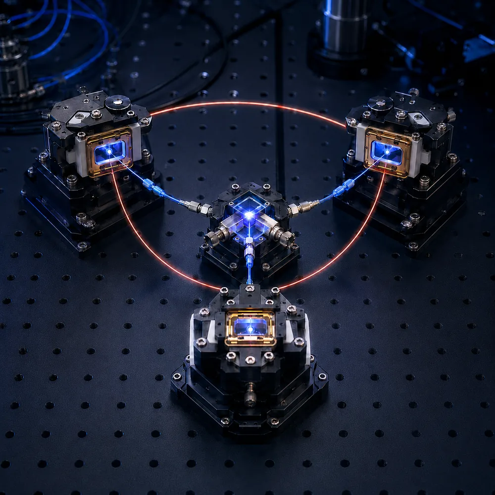 Three trapped-ion modules linked by thin blue optical fibers to a central photonic hub, tied together by a single coral-red phase loop.