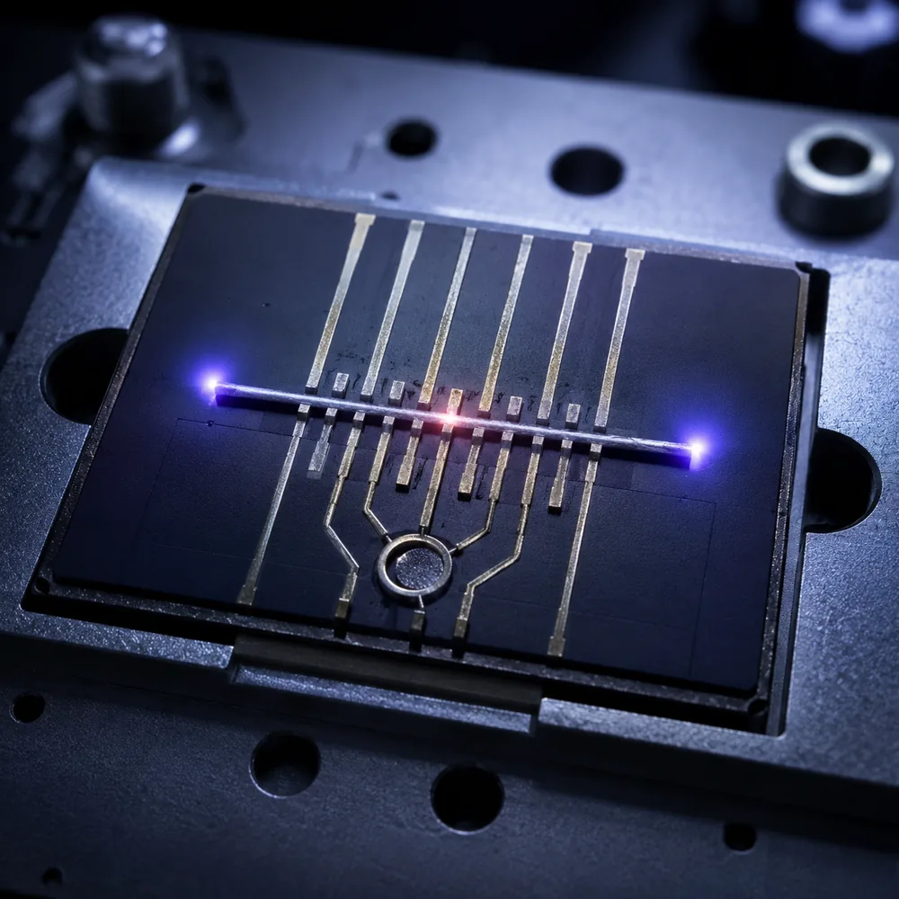 A single gate-defined superconducting nanowire on a dark chip, a faint violet-blue glow at each end and one uncertain coral-red glow at its center.