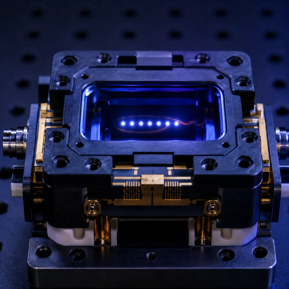 A single trapped-ion module holding two blue-white ions as a hydrogen molecule, tied by one thin coral-red phase thread beginning to fray.
