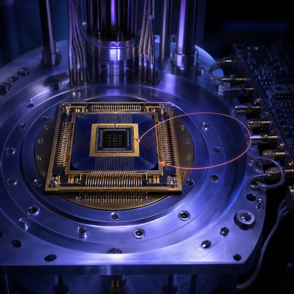 A superconducting quantum processor lit in violet-blue, with one thin coral-red signal loop leaving its edge and returning into the chip.