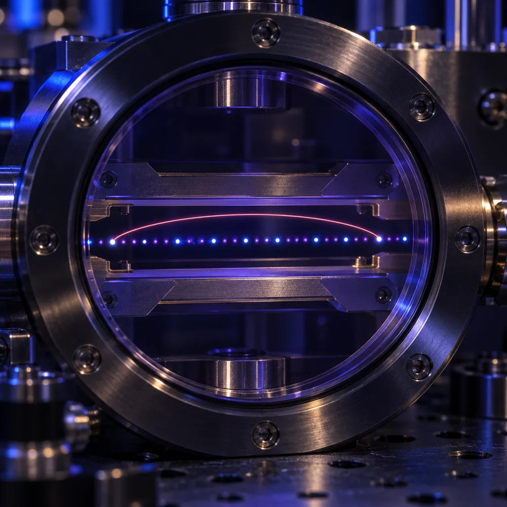 A long single chain of trapped ions inside a compact vacuum package, most of them dim, with one thin coral-red arc linking two ions far apart in the chain