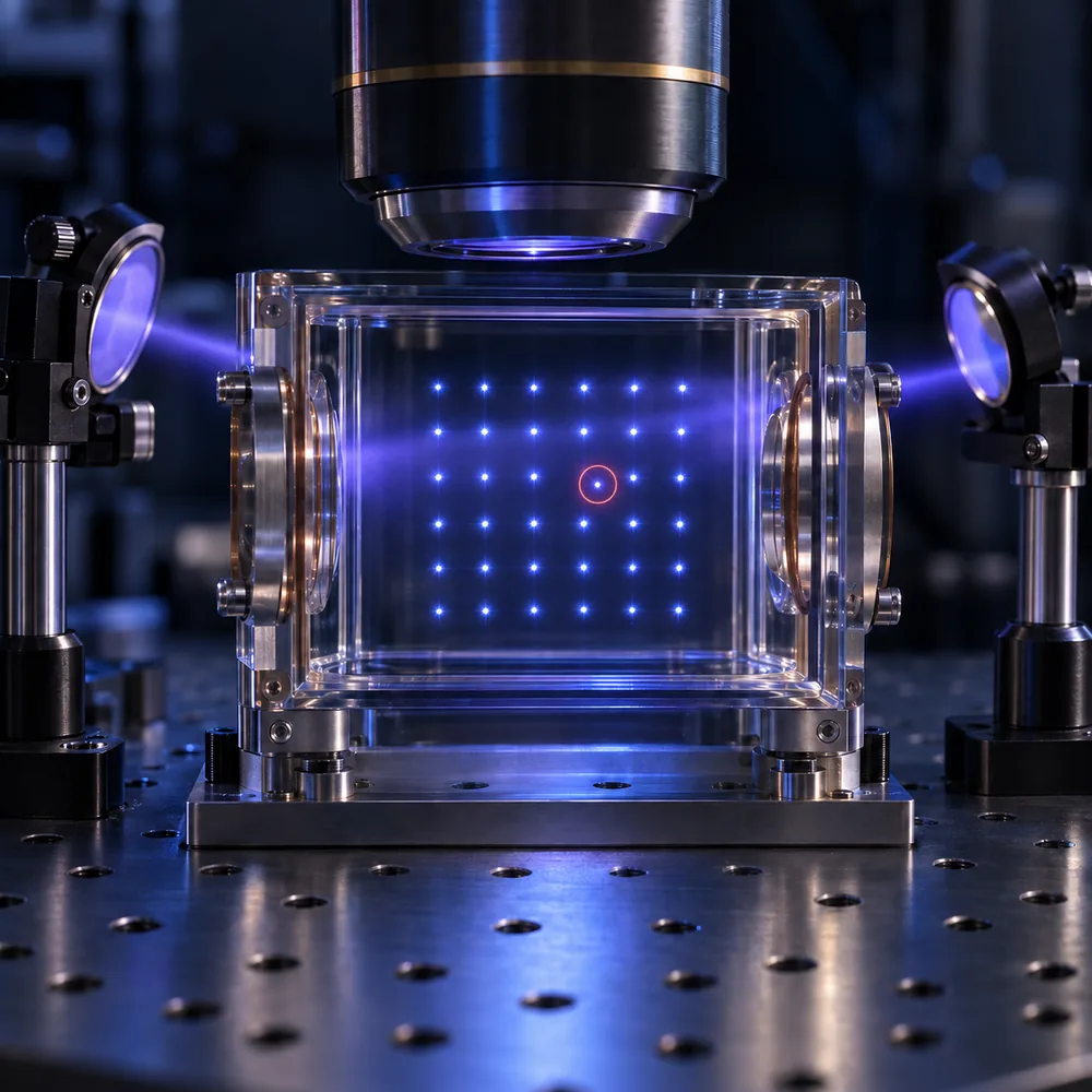 A square grid of small glowing atoms suspended in a glass vacuum cell on a dark optical table, with one atom ringed in coral red sitting slightly out of place