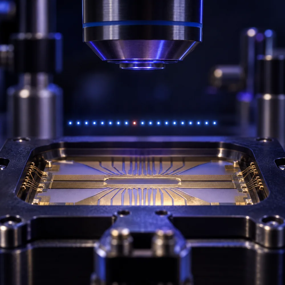 A microfabricated ion-trap chip in a black metal package with a straight row of glowing ions above it, one of them tinted coral red instead of blue-white